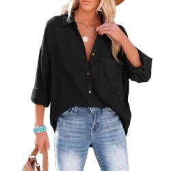 Odizli Musselin Bluse Damen Sommer Baumwolle Leinenhemd Elegant Langarm V-Ausschnitt Oversize Hemd Oberteile Longbluse Schlupfbluse Hemdbluse Hemdjacke Damenbluse Langarmshirt mit Tasche Schwarz L von Odizli