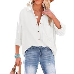 Odizli Musselin Bluse Damen Sommer Baumwolle Leinenhemd Elegant Langarm V-Ausschnitt Oversize Hemd Oberteile Longbluse Schlupfbluse Hemdbluse Hemdjacke Damenbluse Langarmshirt mit Tasche Weiß S von Odizli