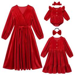 Odizli Mutter Tochter Kleid Damen Mädchen Baby Partnerlook Familien Outfit Elegant Herbst Winter Langarm Samtkleid Festlich Hochzeit Silvester Weihnachten Hochzeitsgast Abendkleid Rot XL von Odizli