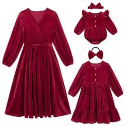 Odizli Mutter Tochter Kleid Damen Mädchen Baby Partnerlook Familien Outfit Elegant Herbst Winter Langarm Samtkleid Festlich Hochzeit Silvester Weihnachten Hochzeitsgast Abendkleid Weinrot 3-4 Jahre von Odizli