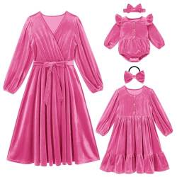 Odizli Mutter Tochter Kleid Mädchen Baby Partnerlook Familien Outfit Elegant Herbst Winter Langarm Samtkleid Festlich Hochzeit Silvester Weihnachten Hochzeitsgast Abendkleid Rosenrot 12-18 Monate von Odizli