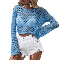 Odizli Netzoberteil Damen Netzshirt 2000er Y2K Kleidung Vintage Sexy Mesh Häkeltop Langarm Crochet Top Crop Tops Pullover Teenager Mädchen Sommer Streetwear Festival Rave Techno Outfit Blau L von Odizli