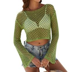 Odizli Netzoberteil Damen Netzshirt 2000er Y2K Kleidung Vintage Sexy Mesh Häkeltop Langarm Crochet Top Crop Tops Pullover Teenager Mädchen Sommer Streetwear Festival Rave Techno Outfit Grasgrün S von Odizli