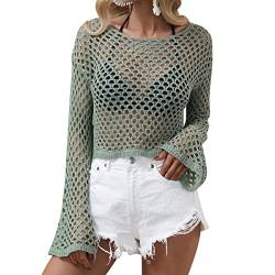 Odizli Netzoberteil Damen Netzshirt 2000er Y2K Kleidung Vintage Sexy Mesh Häkeltop Langarm Crochet Top Crop Tops Pullover Teenager Mädchen Sommer Streetwear Festival Rave Techno Outfit Grün S von Odizli