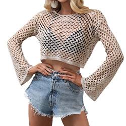 Odizli Netzoberteil Damen Netzshirt 2000er Y2K Kleidung Vintage Sexy Mesh Häkeltop Langarm Crochet Top Crop Tops Pullover Teenager Mädchen Sommer Streetwear Festival Rave Techno Outfit Khaki L von Odizli