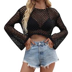 Odizli Netzoberteil Damen Netzshirt 2000er Y2K Kleidung Vintage Sexy Mesh Häkeltop Langarm Crochet Top Crop Tops Pullover Teenager Mädchen Sommer Streetwear Festival Rave Techno Outfit Schwarz L von Odizli