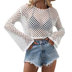 Odizli Netzoberteil Damen Netzshirt 2000er Y2K Kleidung Vintage Sexy Mesh Häkeltop Langarm Crochet Top Crop Tops Pullover Teenager Mädchen Sommer Streetwear Festival Rave Techno Outfit Weiß M von Odizli