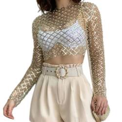 Odizli Netzoberteil Damen Sexy Langarm Durchsichtiges Transparent Netz Glitzer Pailletten Perlen Mesh Oberteil Netzshirt Festival Rave Techno Outfit Frauen Crop Top Party Hip Hop Clubwear Gold M von Odizli