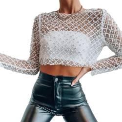 Odizli Netzoberteil Damen Sexy Langarm Durchsichtiges Transparent Netz Glitzer Pailletten Perlen Mesh Oberteil Netzshirt Festival Rave Techno Outfit Frauen Crop Top Party Hip Hop Clubwear Weiß S von Odizli