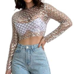 Odizli Netzoberteil Damen Sexy Langarm Durchsichtiges Transparent Netz Glitzer Pailletten Perlen Mesh Oberteil Netzshirt Festival Rave Techno Outfit Frauen Crop Top Party Hip Hop Streetwear Silber L von Odizli