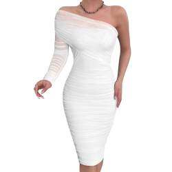 Odizli Partykleid Damen Elegant Sexy Y2K One Shoulder Durchsichtiges Transparent Netz Mesh Langarm Enges Bodycon Etuikleid Midi Figurbetontes Kleid Party Bleistiftkleid Cocktailkleid Ballkleid Weiß S von Odizli