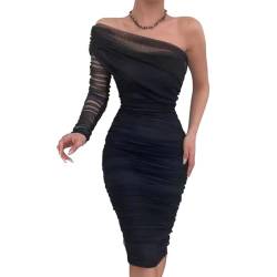 Odizli Partykleid Damen Elegant Sexy Y2K One Shoulder Durchsichtiges Transparent Netz Mesh Langarm Enges Bodycon Etuikleid Midi Figurbetontes Kleid Party Bleistiftkleid Cocktailkleid Schwarz M von Odizli