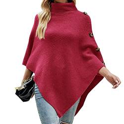 Odizli Poncho Damen Rollkragenpullover Strickpullover Winterpullover Elegant Damenpullover Langarm Herbst Winter Warm Oberteile Oversize Longpullover Sweater Pulli Pullover Schal Cape Rosenrot F von Odizli