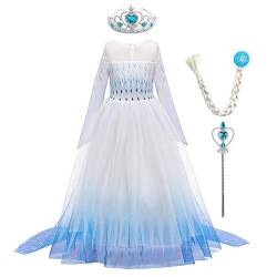 Odizli Prinzessin Kleid Mädchen Kinder ELSA Eiskönigin 2 Kostüm Halloween Weihnachten Karneval Verkleidung Geburtstagsparty Tüll Mantel Abendkleid+Zauberstab+Krone+Perücke Blau 2-Langarm 5-6 Jahre von Odizli