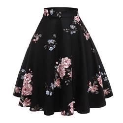 Odizli Rock Damen Knielang Rockabilly Elegant A Linie Petticoat Röcke Tellerrock Faltenrock Vintage Gepunktet Blume Swing 50er Jahre Retro Trachtenrock Festlich Sommerrock Schwarz Pfingstrose L von Odizli