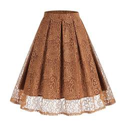 Odizli Rock Damen Knielang Rockabilly Elegant A Linie Petticoat Röcke Tellerrock Faltenrock Vintage High Waist Blume Spitze Swing 50er Jahre Retro Trachtenrock Hochzeit Festlich Plisseerock Braun XL von Odizli