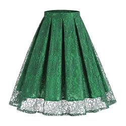 Odizli Rock Damen Knielang Rockabilly Elegant A Linie Petticoat Röcke Tellerrock Faltenrock Vintage High Waist Blume Spitze Swing 50er Jahre Retro Trachtenrock Hochzeit Festlich Plisseerock Grün S von Odizli