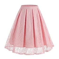 Odizli Rock Damen Knielang Rockabilly Elegant A Linie Petticoat Röcke Tellerrock Faltenrock Vintage High Waist Blume Spitze Swing 50er Jahre Retro Trachtenrock Hochzeit Festlich Plisseerock Rosa XL von Odizli