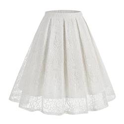 Odizli Rock Damen Knielang Rockabilly Elegant A Linie Petticoat Röcke Tellerrock Faltenrock Vintage High Waist Blume Spitze Swing 50er Jahre Retro Trachtenrock Hochzeit Festlich Plisseerock Weiß XL von Odizli