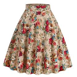 Odizli Rock Damen Knielang Rockabilly Elegant A Linie Skirt Petticoat Röcke Tellerrock Faltenrock Vintage Gepunktet Blume Swing 50er Jahre Retro Trachtenrock Festlich Sommerrock Aprikose Blume M von Odizli