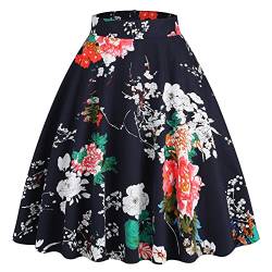 Odizli Rock Damen Knielang Rockabilly Elegant A Linie Skirt Petticoat Röcke Tellerrock Faltenrock Vintage Gepunktet Blume Swing 50er Jahre Retro Trachtenrock Festlich Sommerrock Schwarz Blume S von Odizli