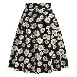 Odizli Rock Damen Knielang Rockabilly Elegant A Linie Skirt Petticoat Röcke Tellerrock Faltenrock Vintage Gepunktet Blume Swing 50er Jahre Retro Trachtenrock Festlich Sommerrock Schwarz Daisy S von Odizli