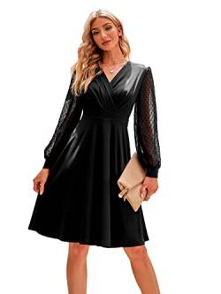 Odizli Rockabilly Kleider Damen 50er Jahre Herbst Vintage Elegant Retro Mesh Polka Dot Langarm V-Ausschnitt Swing Knielang Coctailkleid Festlich Hochzeit Hochzeitsgast Kurz Abendkleid Schwarz L von Odizli