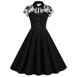 Odizli Rockabilly Kleider Damen 50er Jahre Vintage Elegant Petticoat Kleid Sommer Kurzarm Mesh A-Linien Knielang Swing Coctailkleid Gothic Halloween Festlich Hochzeit Kurz Abendkleid Schwarz Blume XXL von Odizli