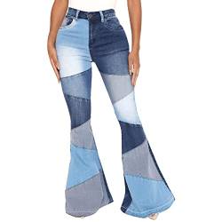 Odizli Schlaghose Damen Jeans Jeanshose High Waist Stretch Lang Wide Leg Bootcut Hose Frauen Vintage Patchwork Bottom Blau S von Odizli