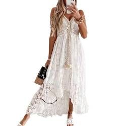 Odizli Sommerkleid Damen Lang Strandkleid Sommer Sexy V-Ausschnitt Boho Bohemian Hippie Blumenkleid Spitzenkleid Crochet Kleid Festlich Hochzeit Maxikleid Midi Freizeitkleid Große Größen Weiß 01 3XL von Odizli