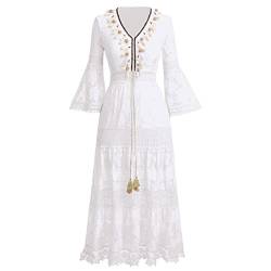 Odizli Sommerkleid Damen Lang Strandkleid Sommer Sexy V-Ausschnitt Boho Bohemian Hippie Blumenkleid Spitzenkleid Crochet Kleid Festlich Hochzeit Maxikleid Midi Freizeitkleid Große Größen Weiß 05 M von Odizli