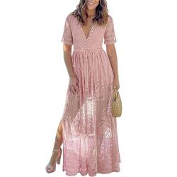 Odizli Sommerkleid Damen Lang Strandkleid Sommer Sexy V-Ausschnitt Boho Hippie Blumenkleid Spitzenkleid Brautkleid Standesamt Hochzeitskleid Festlich Hochzeit Maxikleid Freizeitkleid Rosa-B M von Odizli