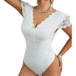 Odizli Spitzen Oberteile Damen Spitzenbody Elegant Sexy Kurzarm V-Ausschnitt Blume Spitze Durchsichtig Rückenfreies Enge Body Bodysuit Spitzentop Spitzenbluse Festliches Party Blusenbody Weiß M von Odizli