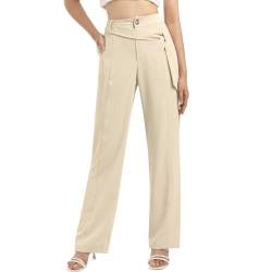 Odizli Stoffhose Damen Elegant Locker High Waist Anzughose Culottes Palazzo Hosenrock Lang Weite Bein Wide Leg Chino Hose Sommer Business Festlich Marlenehose Schlupfhose Bundfaltenhose Beige L von Odizli