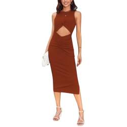 Odizli Strickkleid Damen Sommer Ärmellos Sexy Elegant Cut Out Twist Front Gerippt Bodycon Figurbetontes Eng Kleid Etuikleid mit Schlitz Festlich Hochzeit Hochzeitsgast Midi Lang Partykleid Braun L von Odizli