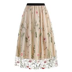 Odizli Tüllrock Damen Lang Faltenrock 50er Jahre Rockabilly Elegant Vintage Blume Gestickte Elastisch High Waist A Linie Swing Midirock Petticoat Röcke Frauen Festlich Plisseerock Aprikose Blume M von Odizli