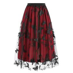 Odizli Tüllrock Damen Lang Faltenrock 50er Jahre Rockabilly Elegant Vintage Elastisch High Waist A Linie Swing Midirock Petticoat Röcke Frauen Festlich Tutu Plisseerock Weinrot Stickerei M von Odizli