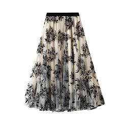 Odizli Tüllrock Damen Lang Rock Elegant Vintage Blume Stickerei Elastisch High Waist A Linie Swing Sommer Faltenrock Plisseerock Winterrock Midirock Frauen Festlich Fee Tutu Röcke Aprikose-Blatt L von Odizli