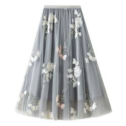 Odizli Tüllrock Damen Lang Sommer Elegant Vintage Blume Stickerei Elastisch High Waist A Linie Swing Rock Plisseerock Faltenrock Midirock Frauen Festlich Fee Tutu Röcke Grau-A Einheitsgröße von Odizli