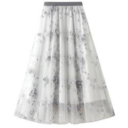 Odizli Tüllrock Damen Lang Sommer Elegant Vintage Blume Stickerei Elastisch High Waist A Linie Swing Rock Plisseerock Faltenrock Midirock Frauen Festlich Fee Tutu Röcke Weiß-B Einheitsgröße von Odizli