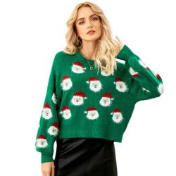 Odizli Weihnachtspullover Damen Lustig Weihnachtspulli Ugly Christmas Sweater Langarm Rundhalsausschnitt Xmas Weihnachtsmann Nikolaus Print Pullover Silvester Herbst Winter Warm Strickpullover Grün L von Odizli