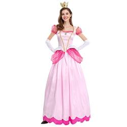 Peach Kostüm Damen Prinzessin Party Erwachsene Frauen Kostüm Puffärmel Lang Abendkleid + Handschuhe + Krone 3tlg Fee Outfit Halloween Weihnachten Karneval Cosplay Faschingskostüme Rosa L von Odizli