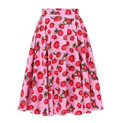 Rock Damen Knielang Rockabilly Elegant A Linie Skater Skirt Petticoat Röcke Tellerrock Faltenrock Plisseerock Vintage Blume Swing 50er Jahre Retro Trachtenrock Festlich Coctailkleid Rosa Erdbeere XXL von Odizli