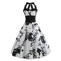 Rockabilly Kleider Damen 50s Vintage 50er Jahre Retro Petticoat Kleid Neckholder Polka Dot Sommer Swing Pettycoatkleider Festlich Partykleid Coctailkleid Kurz Ballkleid Abendkleid B#Schwarz Blume L von Odizli