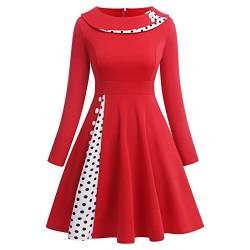 Rockabilly Kleider Damen Vintage Retro Petticoat Kleid Audrey Hepburn 50er Jahre Gespleißt Polka Dots Langarm Swing Coctailkleid Festlich Hochzeit Gast Midi Abendkleid Große Größen Rot#D 2XL von Odizli