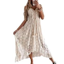 Sommerkleid Damen Lang Strandkleid Sommer Sexy V-Ausschnitt Boho Bohemian Hippie Blumenkleid Spitzenkleid Crochet Kleid Festlich Hochzeit Maxikleid Midi Freizeitkleid Große Größen Aprikose 01 M von Odizli