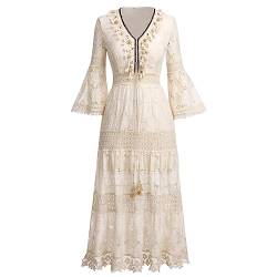 Sommerkleid Damen Lang Strandkleid Sommer Sexy V-Ausschnitt Boho Bohemian Hippie Blumenkleid Spitzenkleid Crochet Kleid Festlich Hochzeit Maxikleid Midi Freizeitkleid Große Größen Aprikose 05 L von Odizli