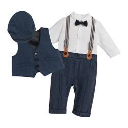 Taufanzug Junge Baby Neugeborenes Taufe Geburtstag Festliche Hochzeit Anzug Langarm Fliege Overalls Strampler+Weste+Mütze 3tlg Bekleidungssets klamotten Taufbekleidung Babykleidung Blau 12-18 Monate von Odizli