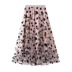 Tüllrock Damen Lang Rock Elegant Vintage Blume Stickerei Elastisch High Waist A Linie Swing Midi Sommer Faltenrock Plisseerock Winterrock Maxirock Frauen Festlich Fee Tutu Röcke Rosa L von Odizli