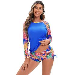 UV Shirt Damen Wasser Langarm Blume Schwimmshirt Bade Tankini Oberteil Shorts Schwimmhose Schwimmanzug Badeanzug mit Bein Frauen UPF 50+ Rashguard Bademode Kurz Strandmode Surfanzug Blau #A M von Odizli